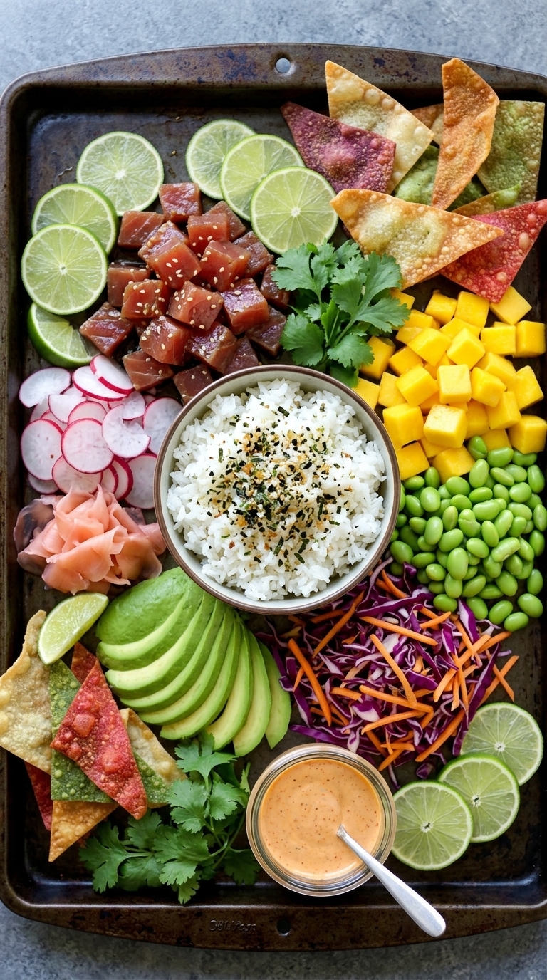 A baking sheet platter with a central bowl of seasoned white rice surrounded by cubed marinated tuna, diced mango, edamame, sliced avocado, shredded purple cabbage, radishes, pickled ginger, lime slices, colorful wonton chips, and a spicy mayo dipping sauce.