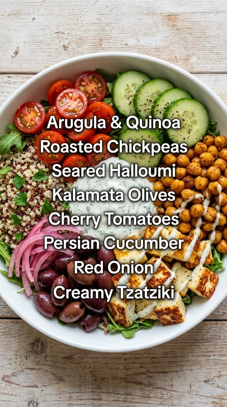 A colorful bowl of arugula and quinoa salad with roasted chickpeas, seared halloumi, cherry tomatoes, cucumbers, olives, and red onion.
