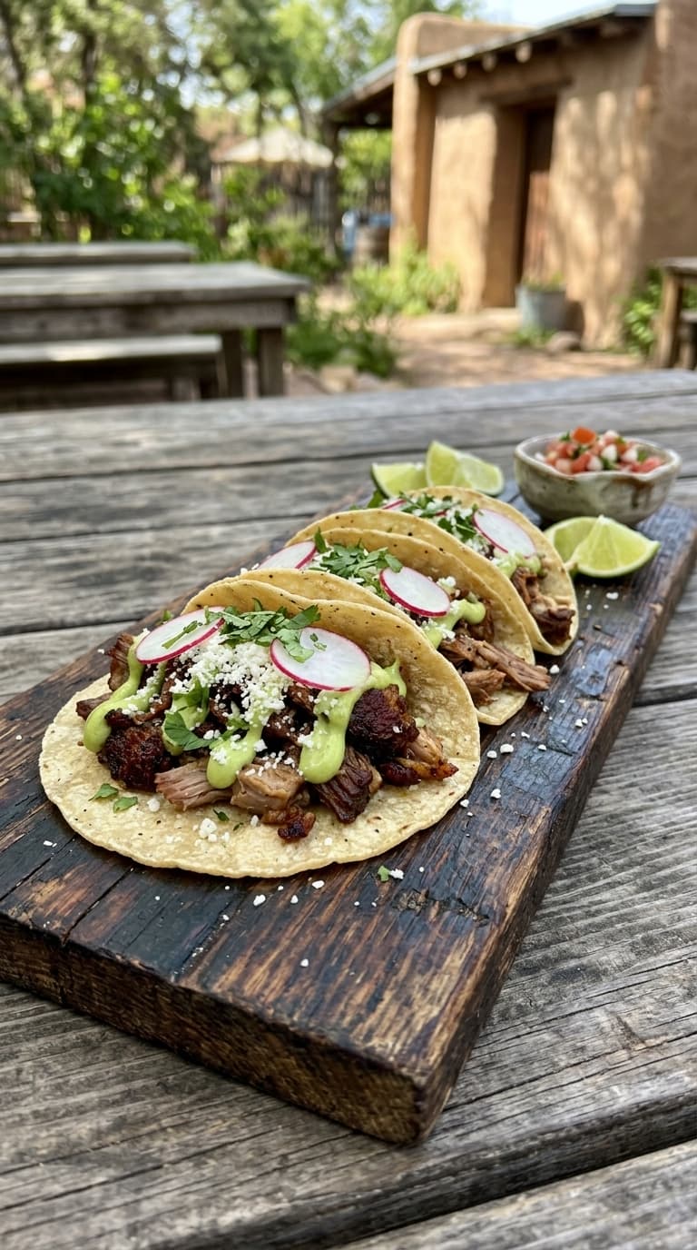 Three soft corn tortillas filled with pulled pork, avocado crema, radish slices, and cilantro, served on a wooden board with lime wedges and pico de gallo.