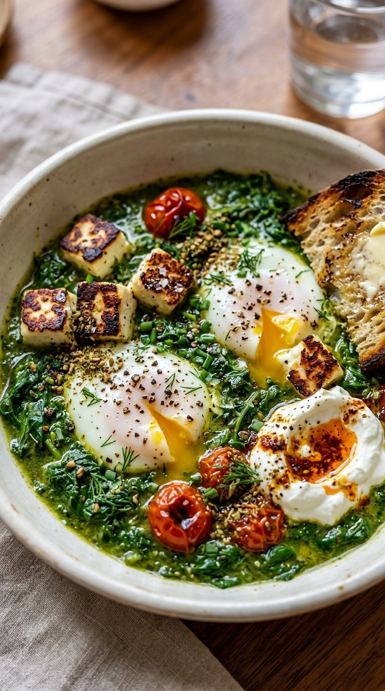 A bowl of spinach, poached eggs, and crispy halloumi with toasted bread.