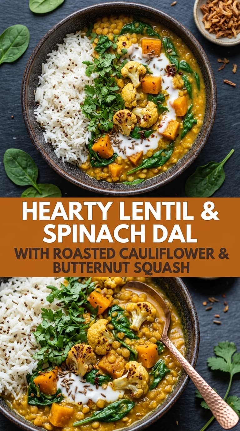 A bowl of lentil dal with rice, roasted cauliflower, butternut squash, spinach, and cilantro.