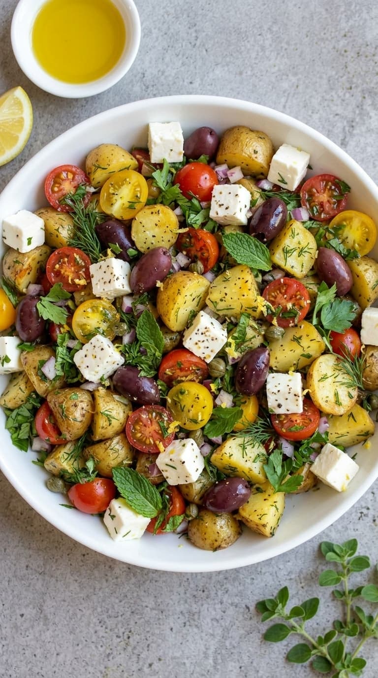 A colorful bowl of Greek potato salad with cherry tomatoes, olives, feta cheese, and fresh herbs.