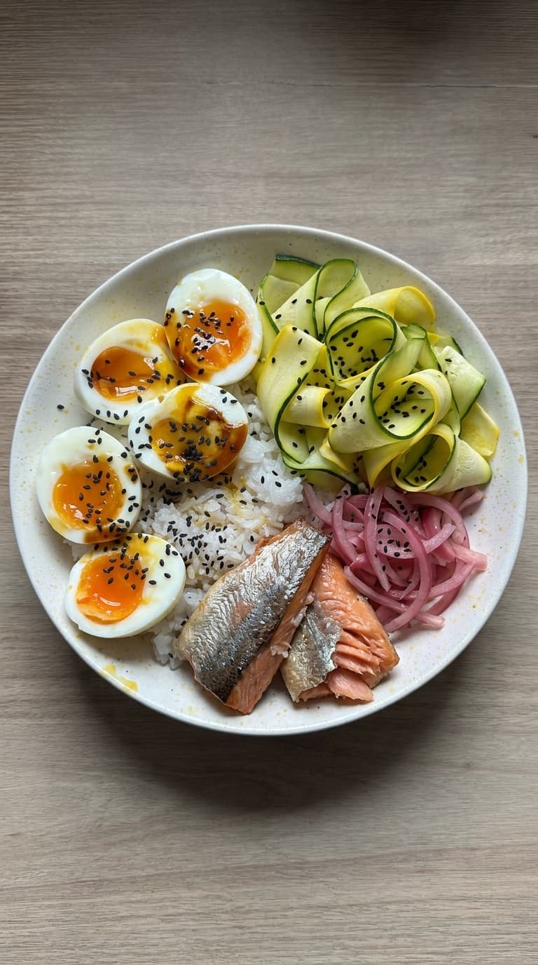 A bowl of rice topped with teriyaki salmon, soft-boiled eggs, zucchini ribbons, and pickled red onions.