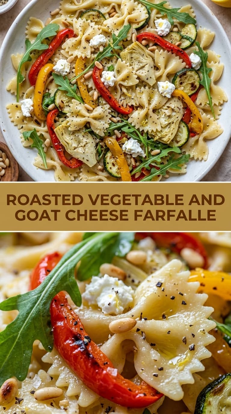 A close-up of farfalle pasta salad with roasted zucchini, red and yellow peppers, artichoke hearts, arugula, pine nuts, and crumbled goat cheese.