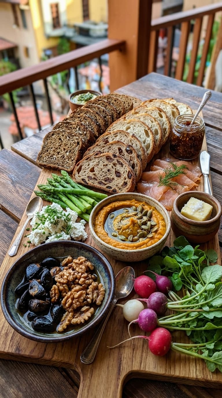 A wooden board laden with sliced bagels, smoked salmon, asparagus, radishes, and various dips, set on a balcony table.