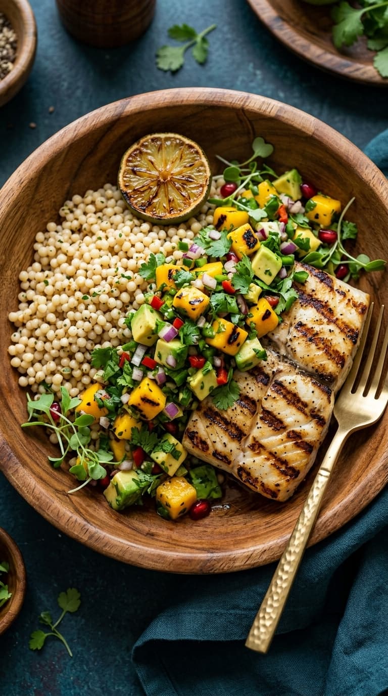 A wooden bowl filled with grilled salmon, mango avocado salad, and pearl couscous, garnished with a grilled lime slice.