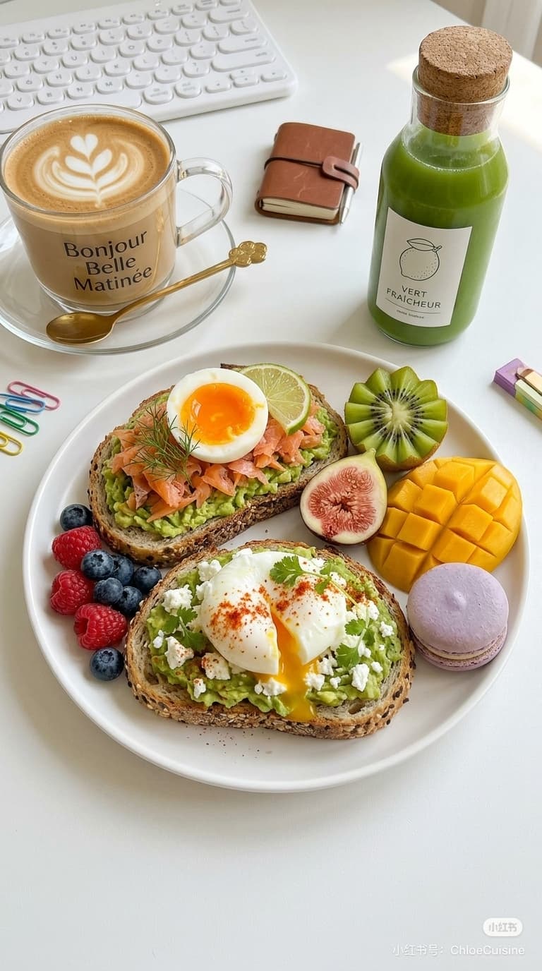 A breakfast plate with two slices of avocado toast, one topped with smoked salmon and a boiled egg, the other with a poached egg and feta, served with berries, kiwi, mango, fig, and a macaron.