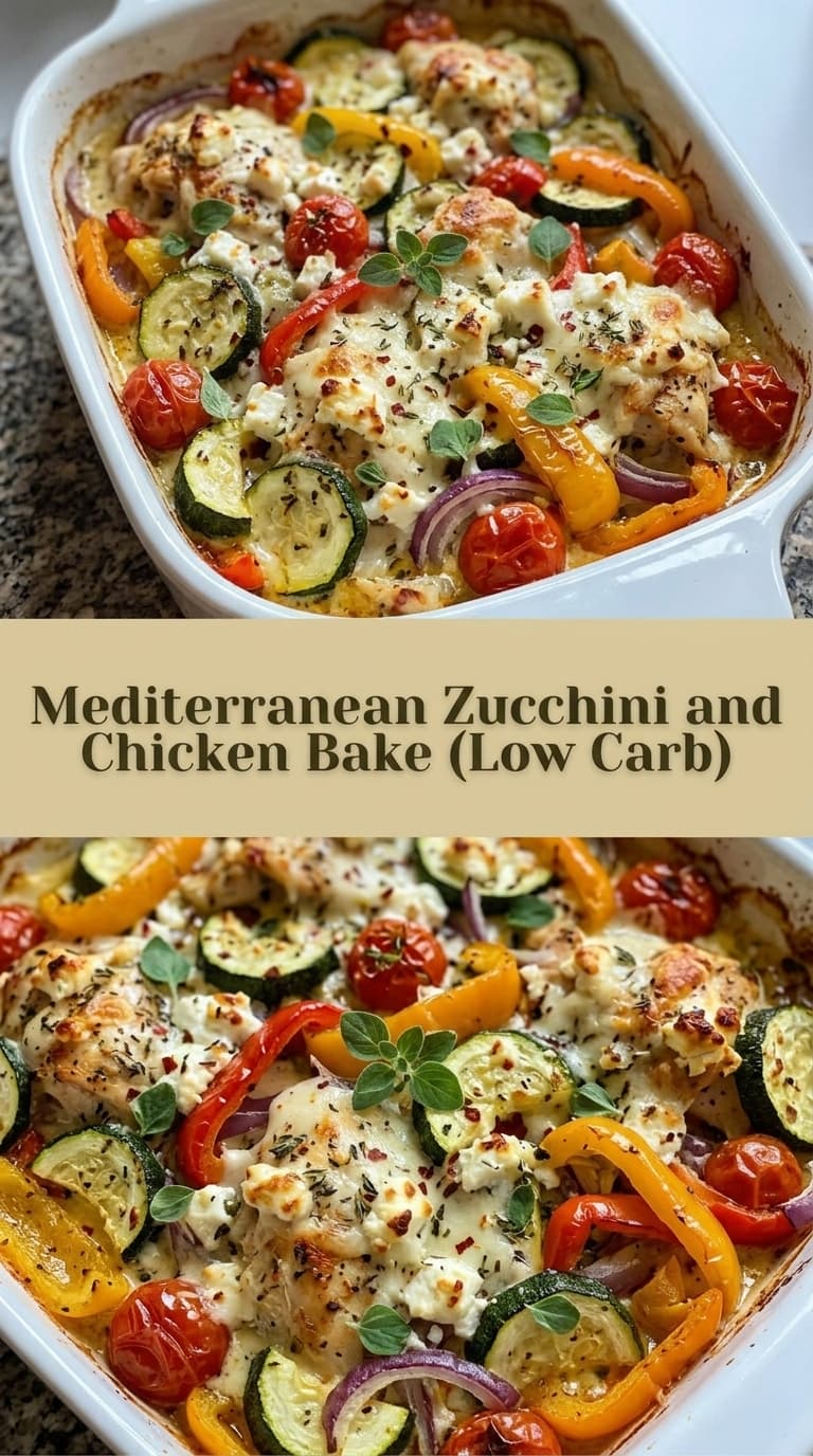 A white baking dish filled with a Mediterranean chicken bake topped with melted cheese, zucchini, peppers, tomatoes, and fresh herbs.