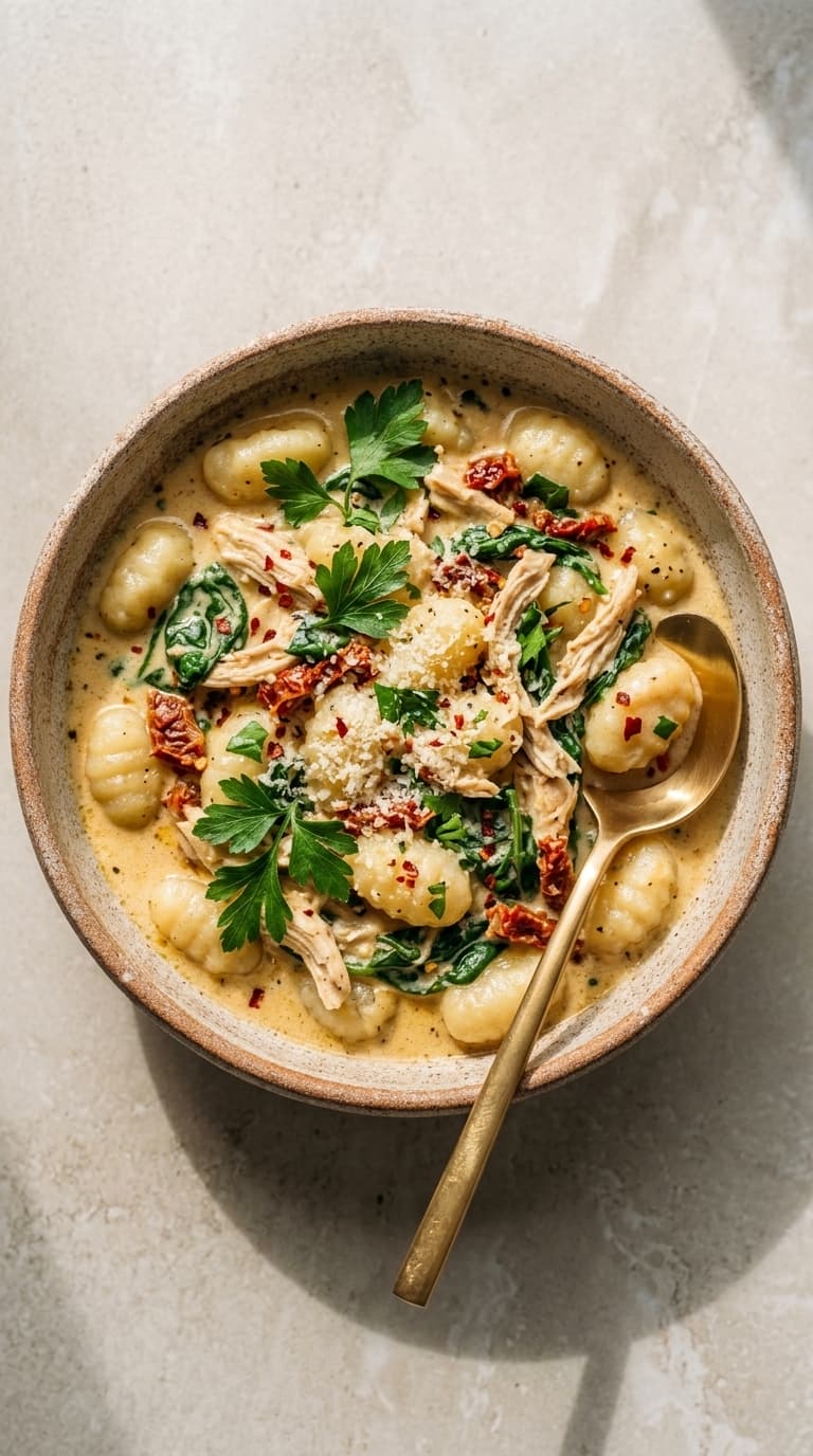 A bowl of creamy gnocchi chicken soup with shredded chicken, gnocchi, spinach, sun-dried tomatoes, and fresh parsley, served with a gold spoon.