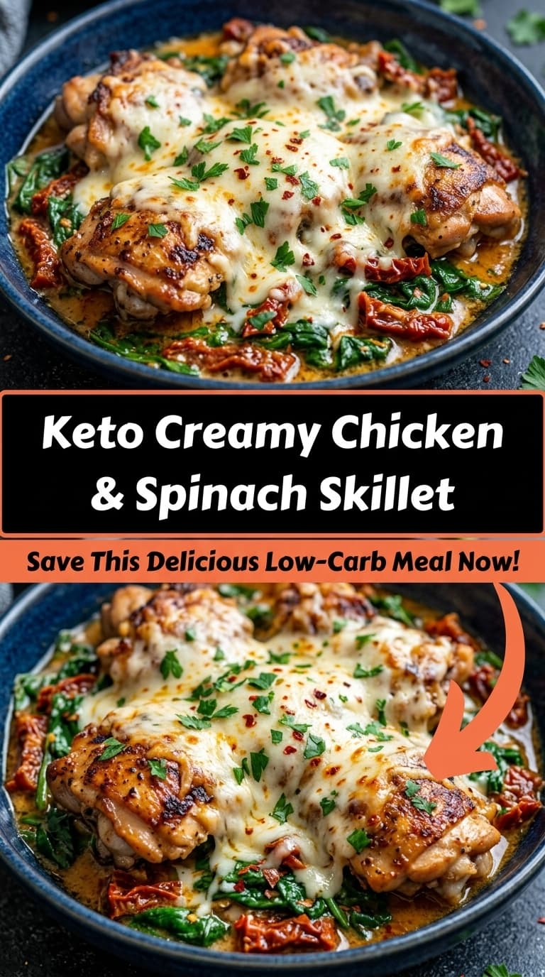 A blue bowl filled with creamy chicken, spinach, sun-dried tomatoes, and melted cheese.