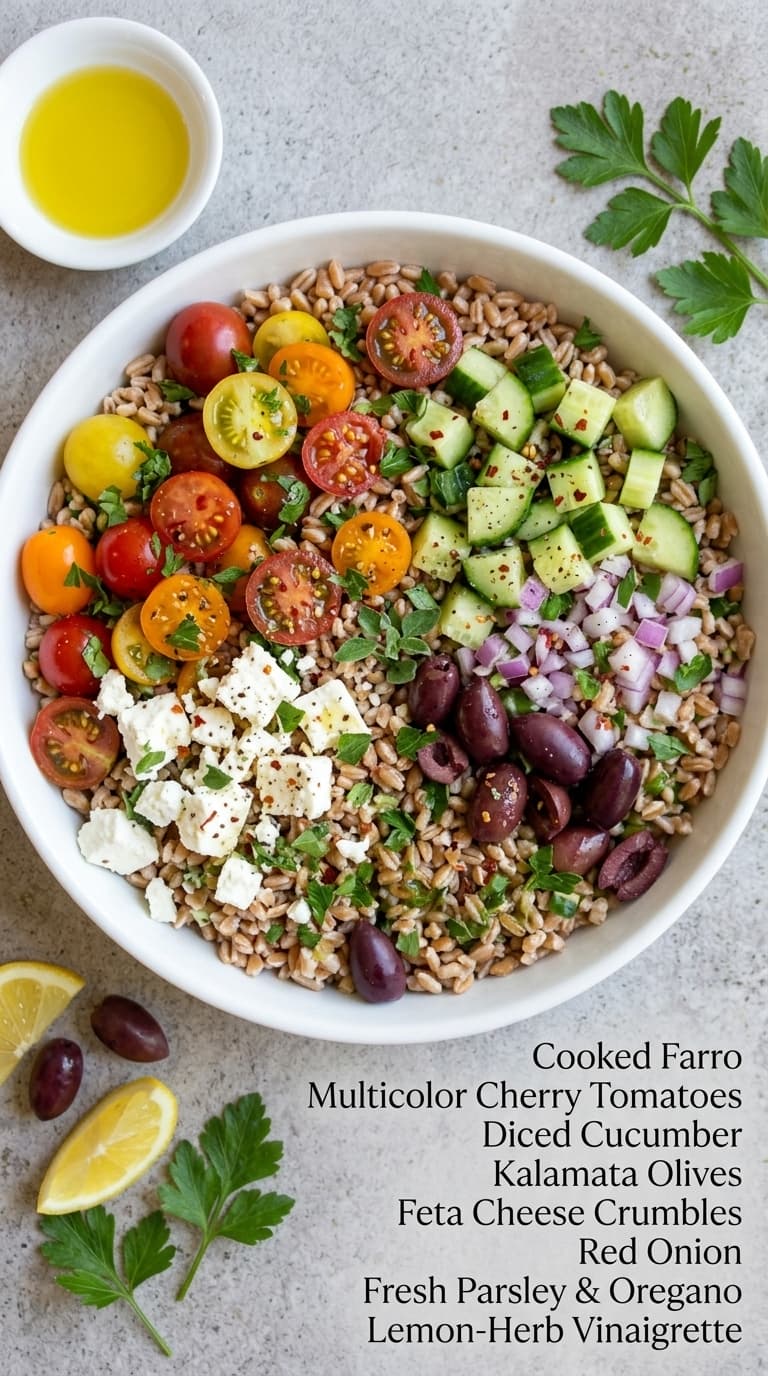 A white bowl filled with a colorful farro salad containing cherry tomatoes, cucumber, olives, feta cheese, red onion, and herbs, with a small bowl of lemon-herb vinaigrette and lemon wedges nearby.