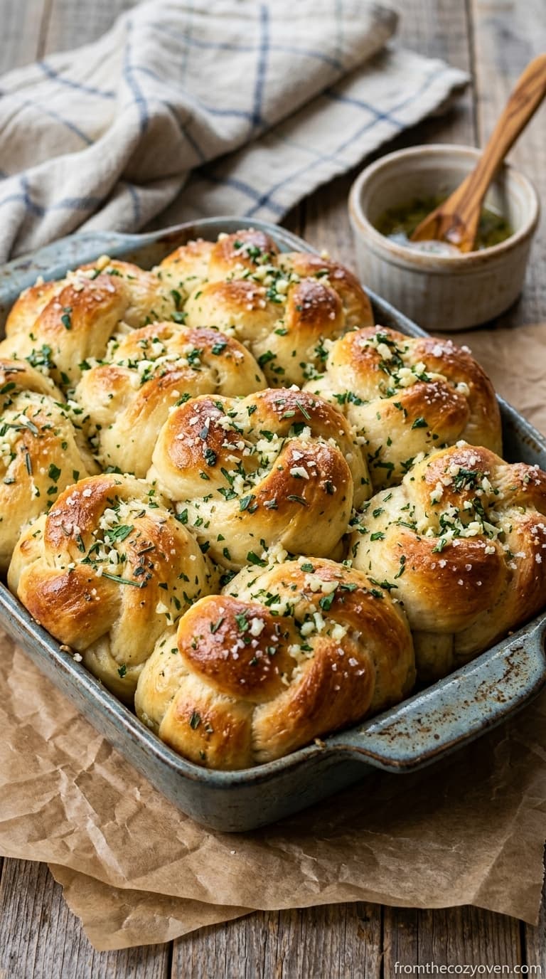 Baked garlic herb bread rolls in a blue ceramic dish, garnished with chopped herbs and sea salt, with a small bowl of olive oil and wooden spoon nearby.