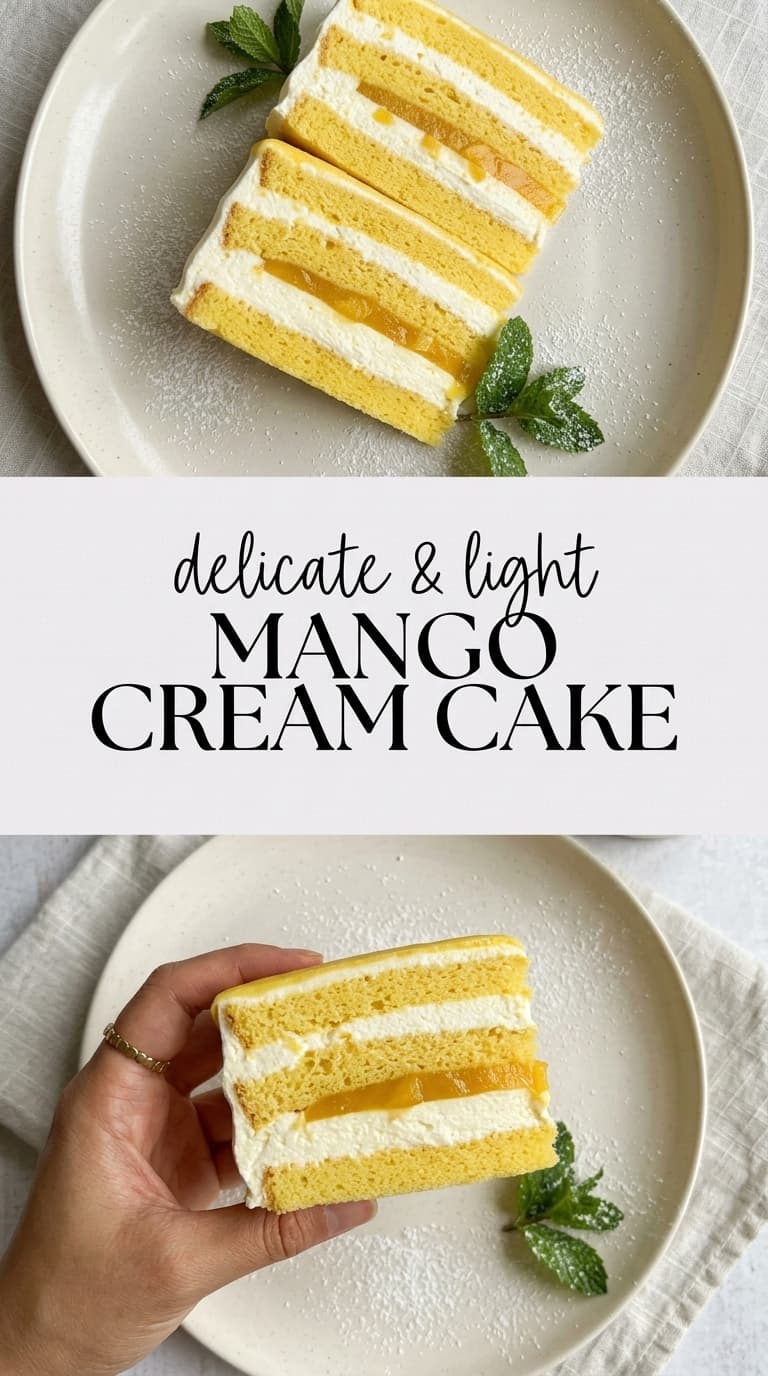 Two slices of mango cream cake on a plate, with a hand holding a slice.