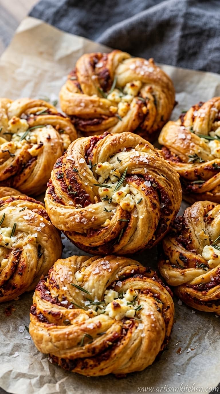 Golden brown braided brioche buns filled with harissa and topped with feta and rosemary on parchment paper.