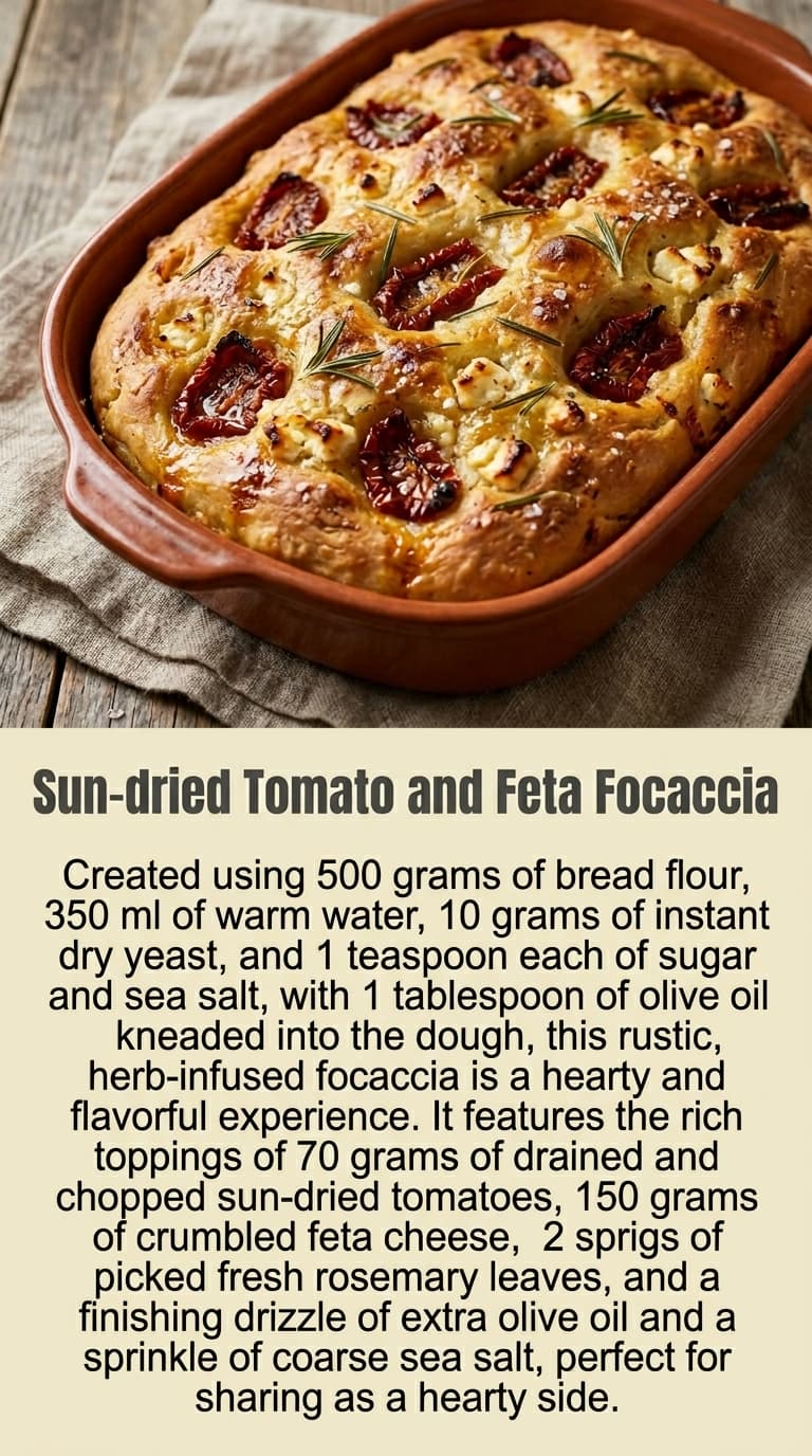Golden-brown focaccia in a terracotta dish, topped with sun-dried tomatoes, feta cheese, and rosemary sprigs.