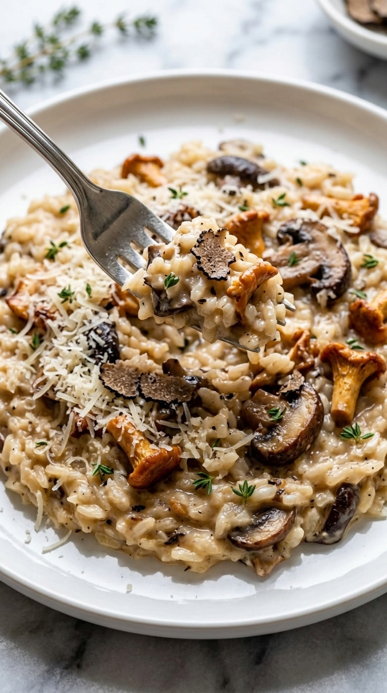 A close-up of creamy mushroom risotto in a white bowl, topped with sliced chanterelles, cremini mushrooms, shaved black truffle, and grated parmesan cheese.