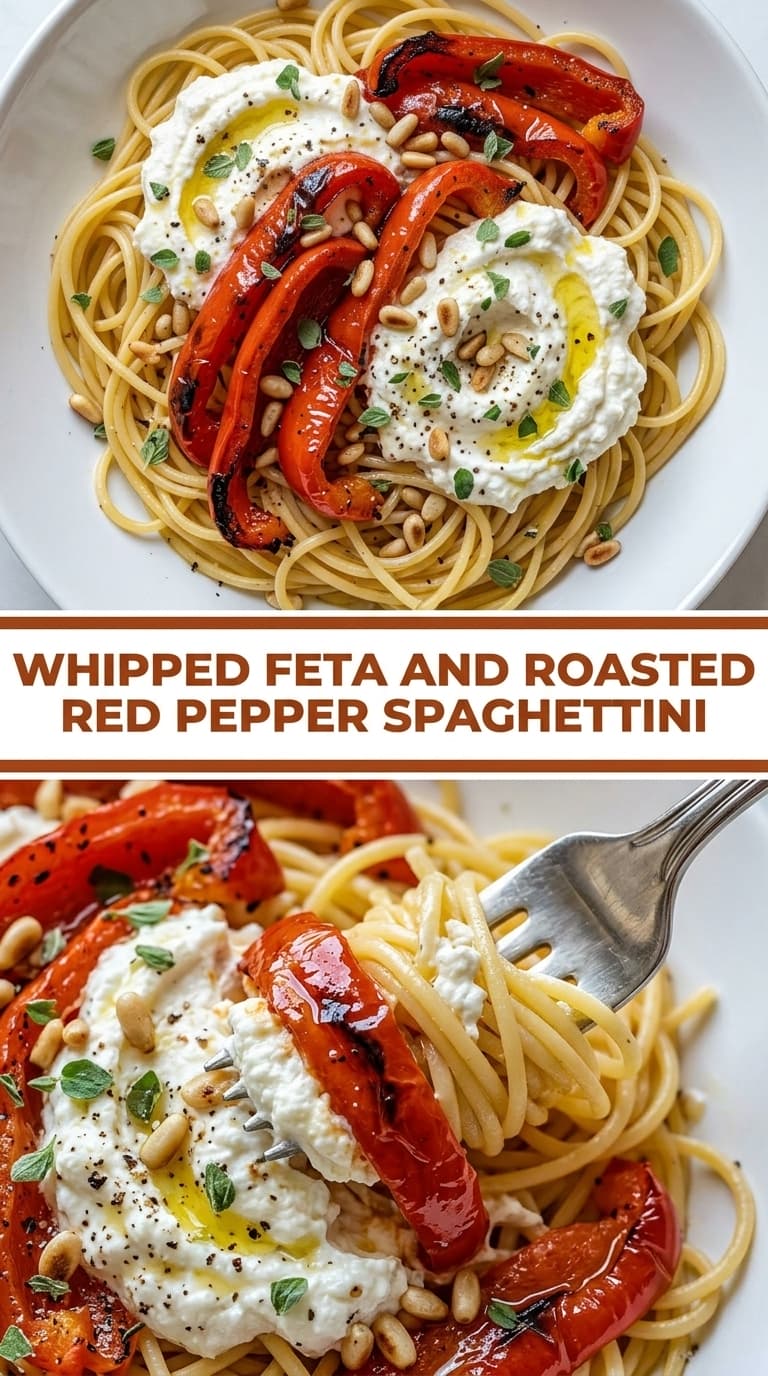 A bowl of spaghetti with creamy feta and roasted red peppers
