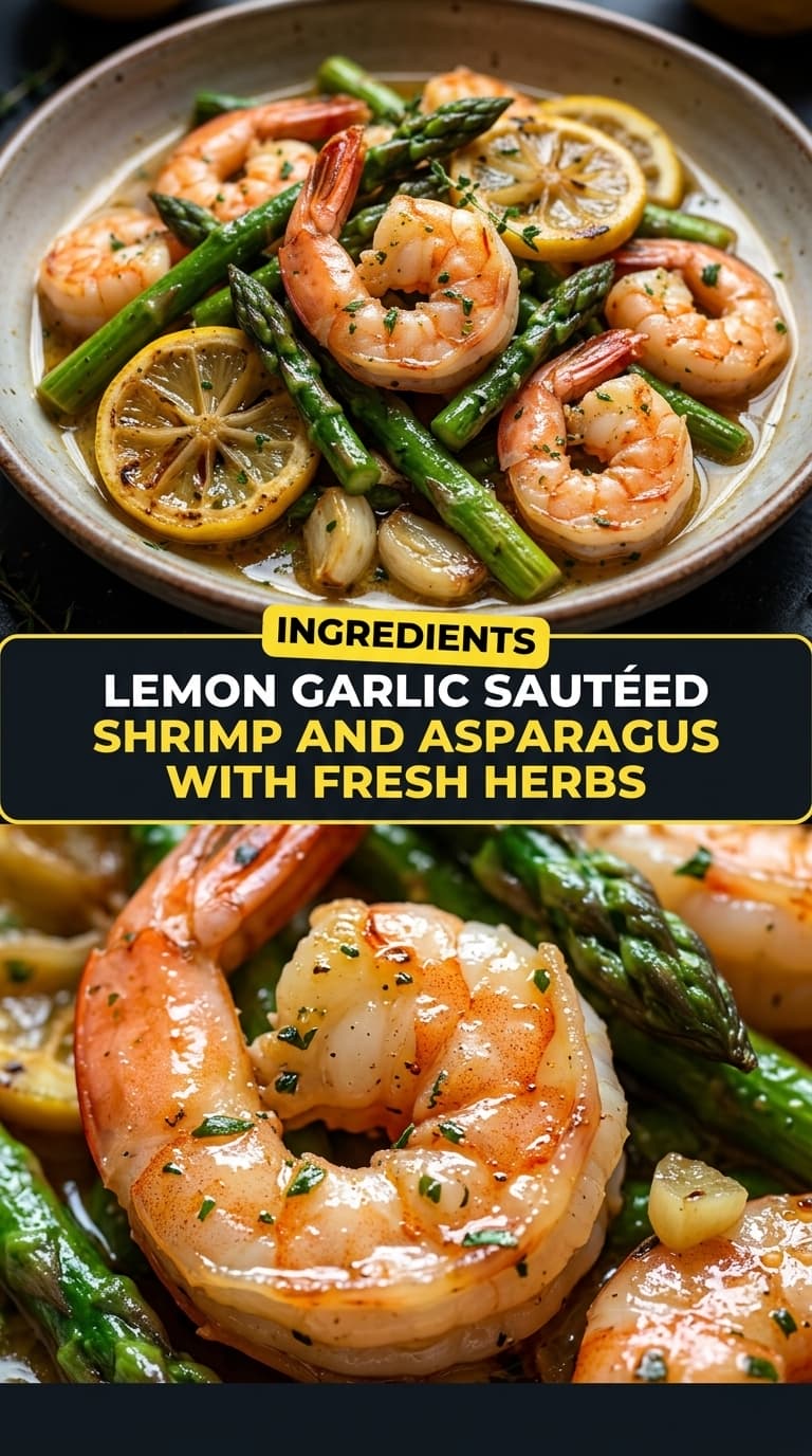 A plate of lemon garlic sautéed shrimp and asparagus with fresh herbs and lemon slices.