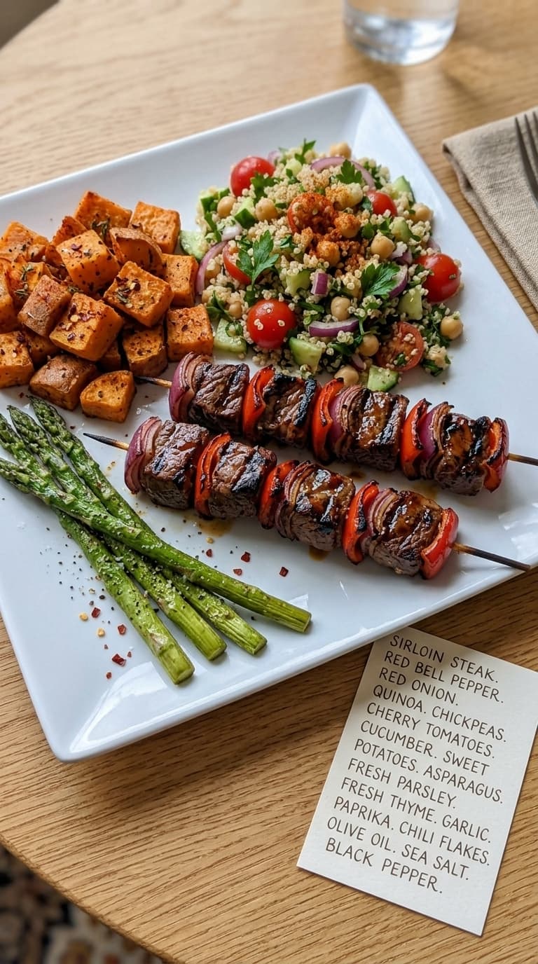 A white square plate holds grilled sirloin steak skewers with red bell pepper and red onion, roasted sweet potatoes, asparagus, and a quinoa salad with cherry tomatoes and cucumbers.