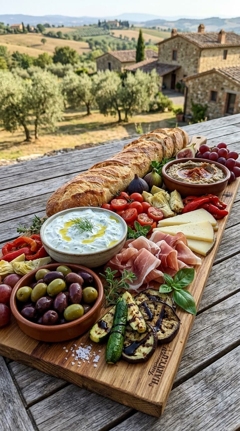 A wooden charcuterie board with bread, cheese, cured meats, olives, vegetables, and dips, set against a scenic Tuscan landscape.
