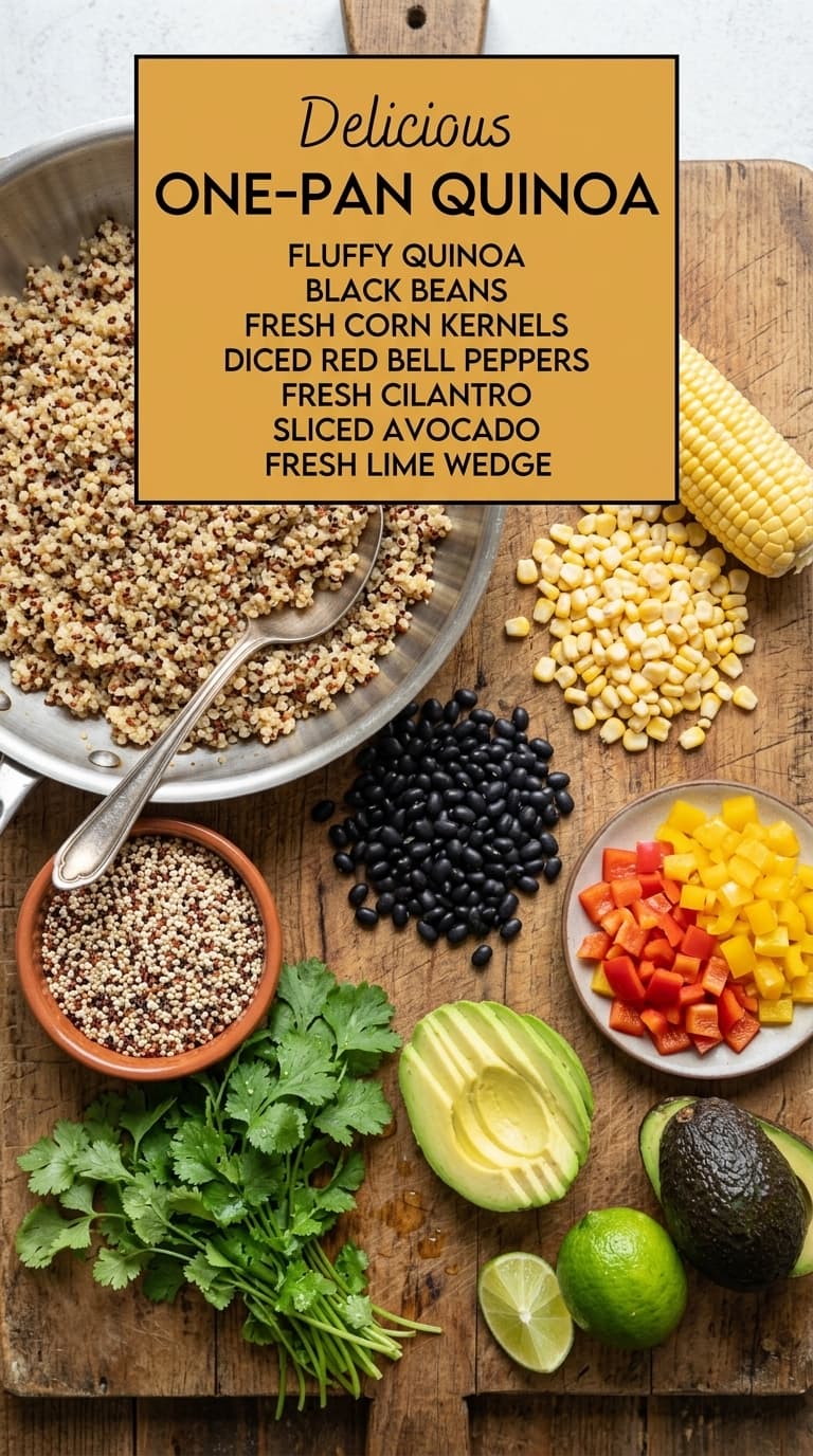 A wooden cutting board displays ingredients for one-pan quinoa including cooked quinoa in a pan, black beans, fresh corn kernels, diced red bell peppers, fresh cilantro, sliced avocado, and a lime wedge.