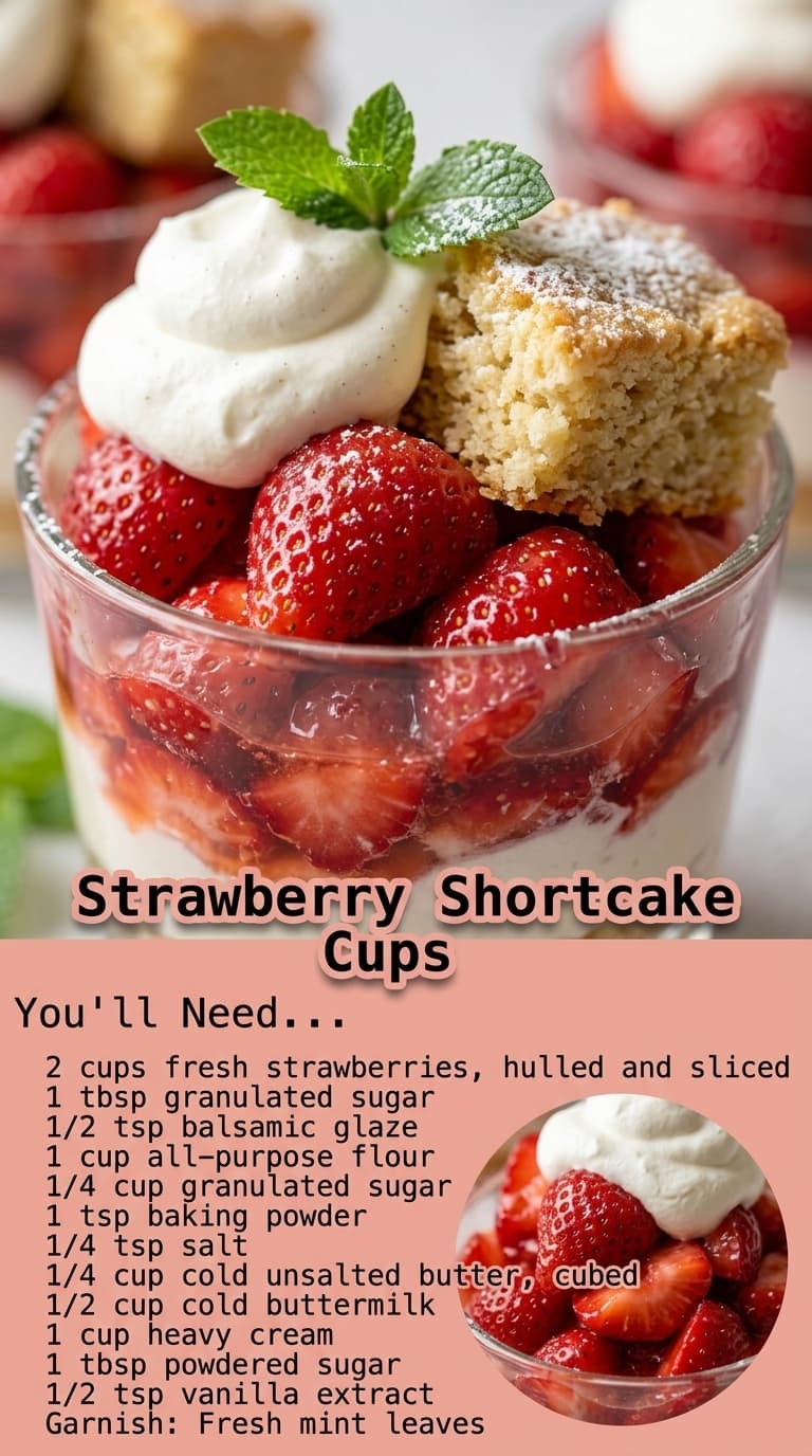 A glass cup filled with layers of sliced strawberries, cream, and shortcake, topped with whipped cream, a shortcake square, and fresh mint leaves.