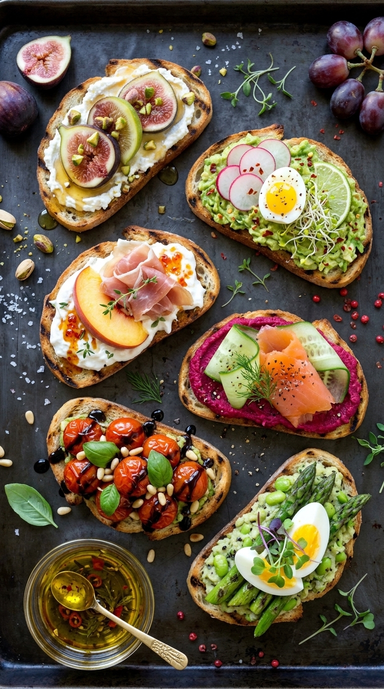 Seven slices of toasted bread topped with various ingredients including figs, avocado, salmon, and eggs, arranged on a dark baking sheet with fresh fruit and herbs.