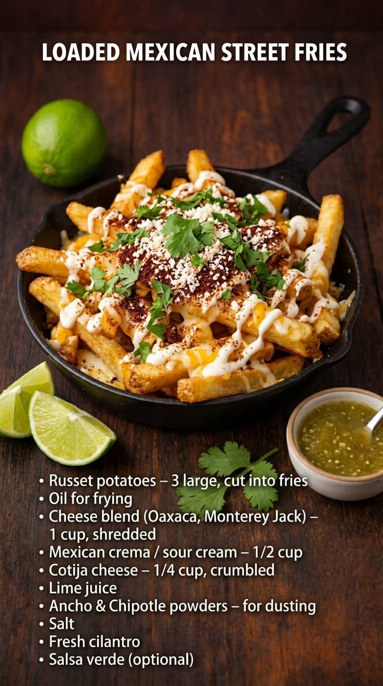 A cast iron skillet filled with golden fries topped with cheese, crema, cilantro, and lime wedges.