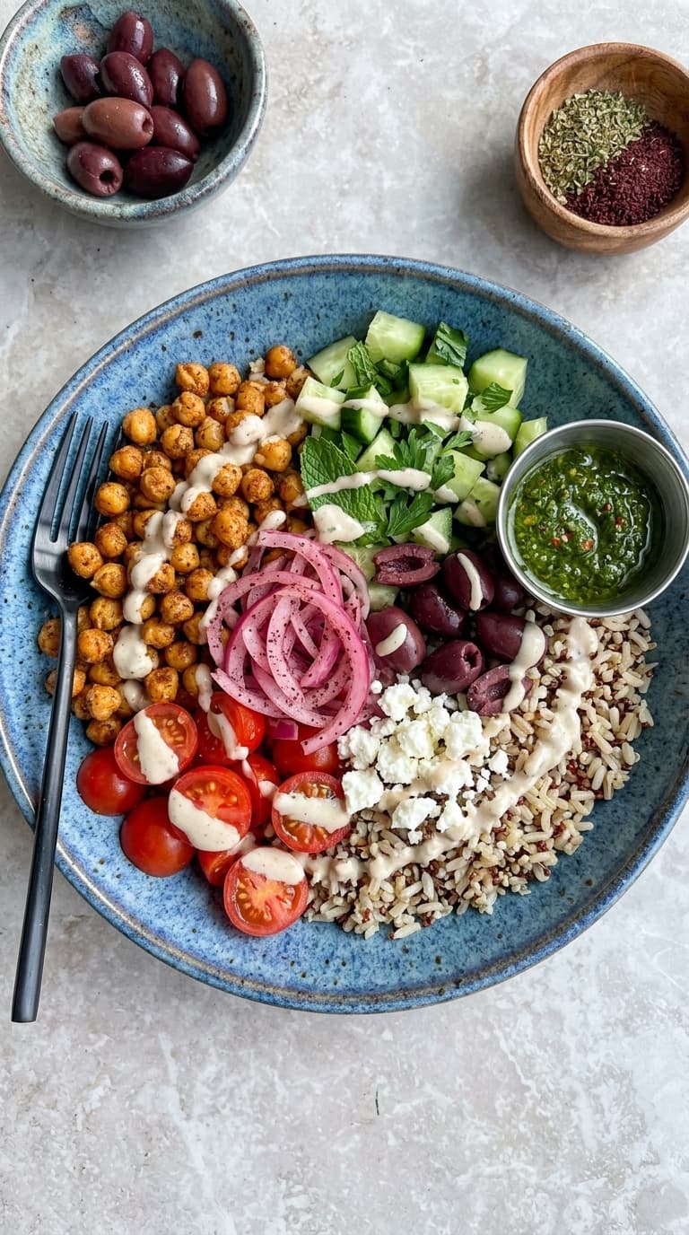A blue bowl filled with a colorful salad of chickpeas, cucumbers, tomatoes, olives, and feta, topped with a creamy dressing and a side of green sauce.