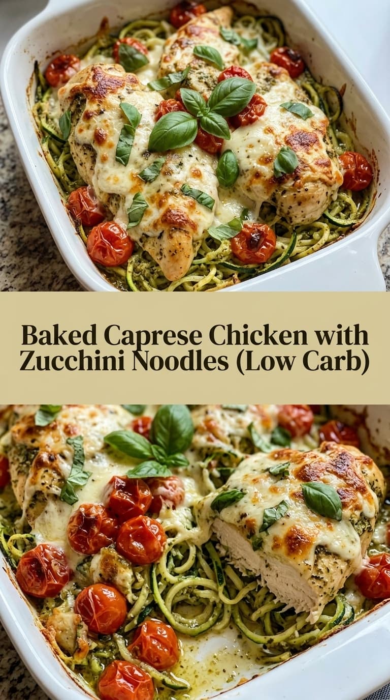 A white baking dish filled with baked chicken breasts, zucchini noodles, roasted cherry tomatoes, and melted mozzarella cheese, garnished with fresh basil leaves.