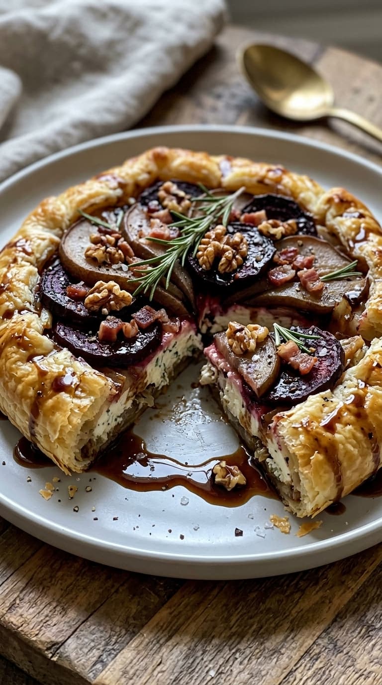 A golden-brown tart with sliced beets, pears, walnuts, and rosemary on a white plate.