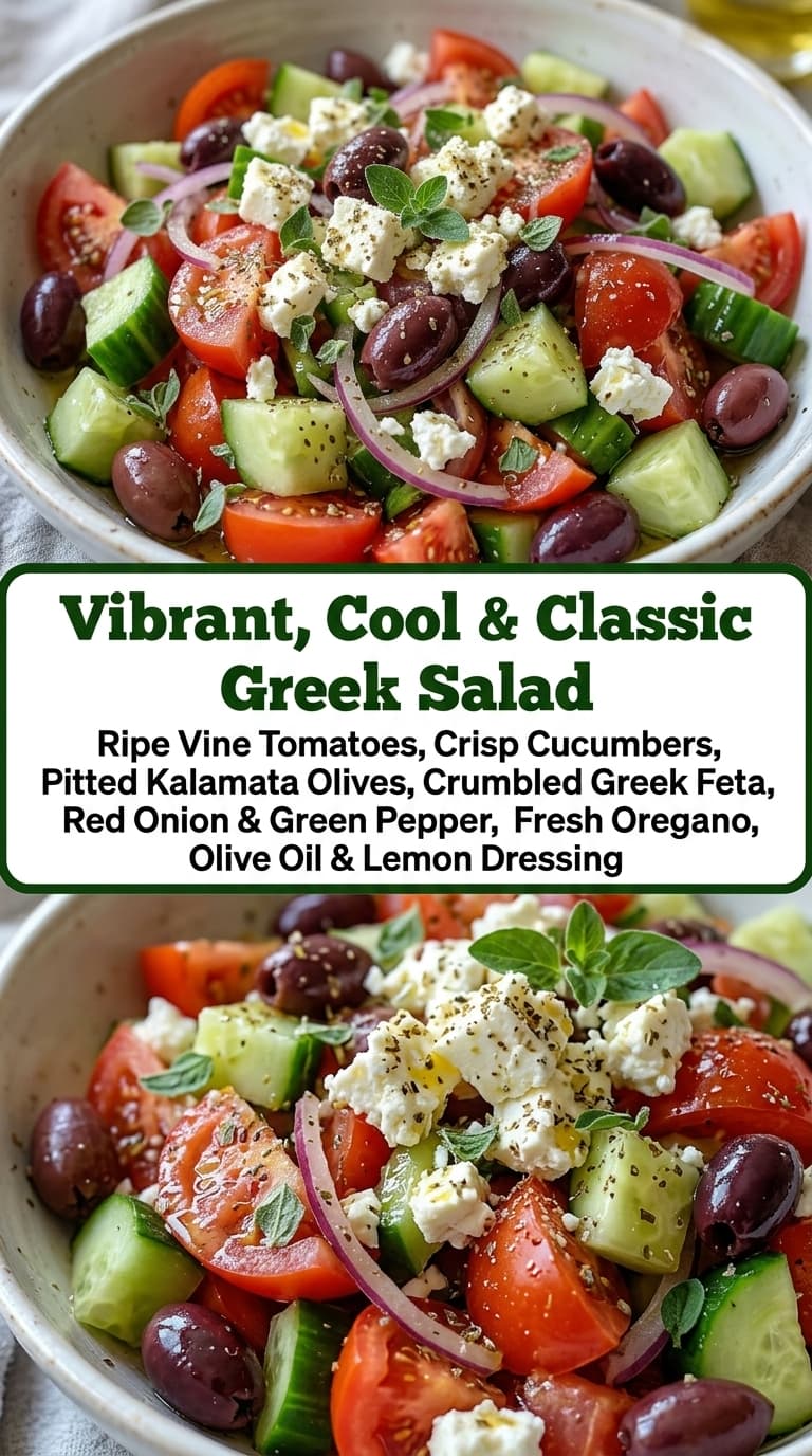 A bowl of Greek salad with tomatoes, cucumbers, olives, feta cheese, red onion, and fresh herbs.