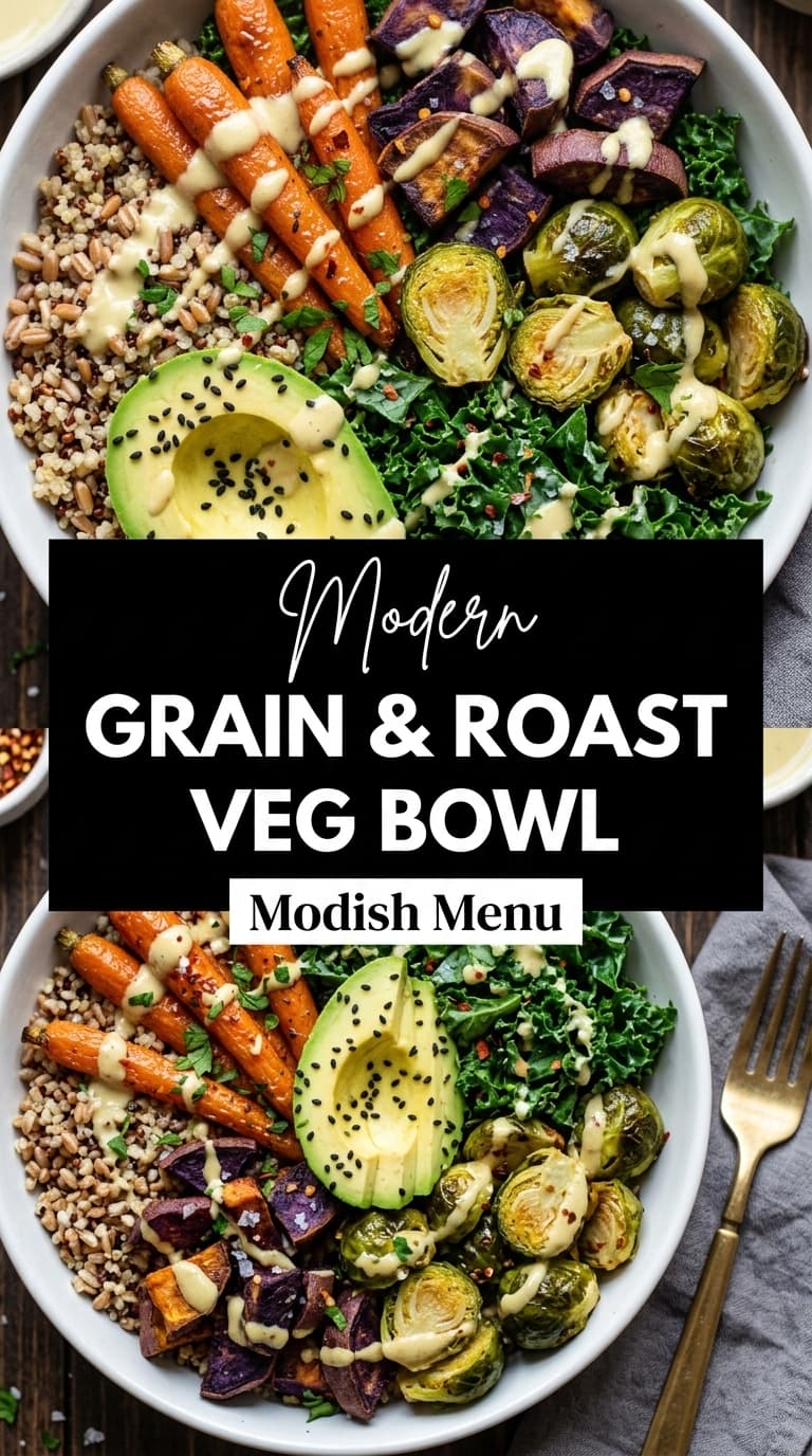 A white bowl filled with quinoa, roasted carrots, sweet potatoes, brussels sprouts, kale, and avocado, drizzled with a creamy sauce.