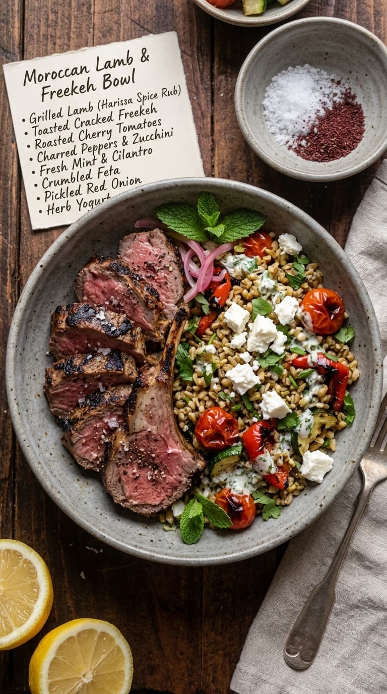 A bowl of Moroccan lamb and frekeh with grilled lamb, toasted frekeh, roasted cherry tomatoes, charred peppers, zucchini, fresh mint, crumbled feta, pickled red onion, and herb yogurt.