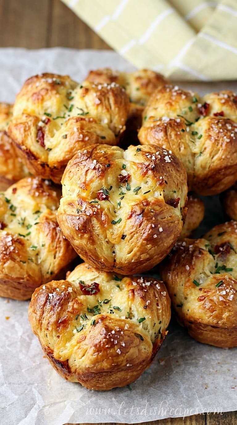 Stack of golden-brown pull-apart buns with cheese and herbs