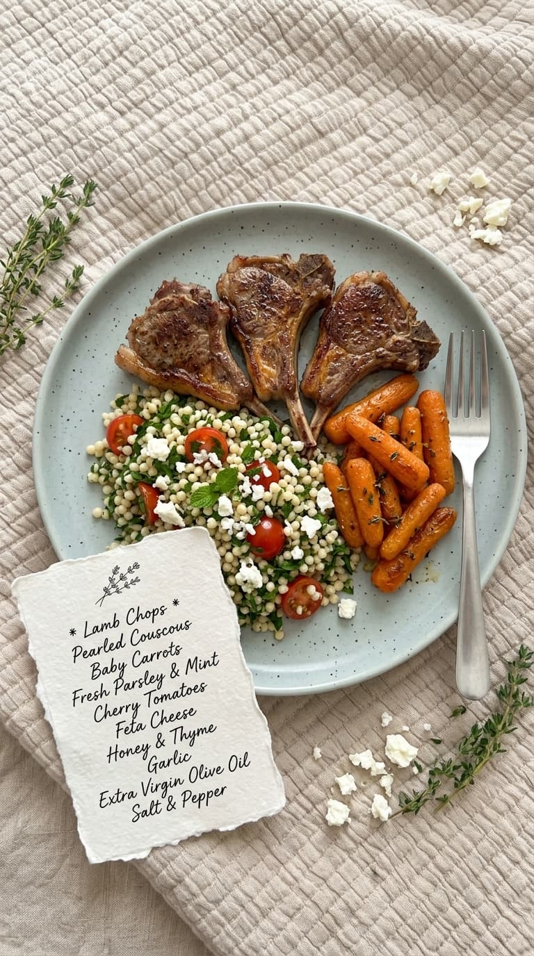 A plate of grilled lamb chops, pearled couscous salad with cherry tomatoes and feta, and roasted baby carrots on a light blue plate.