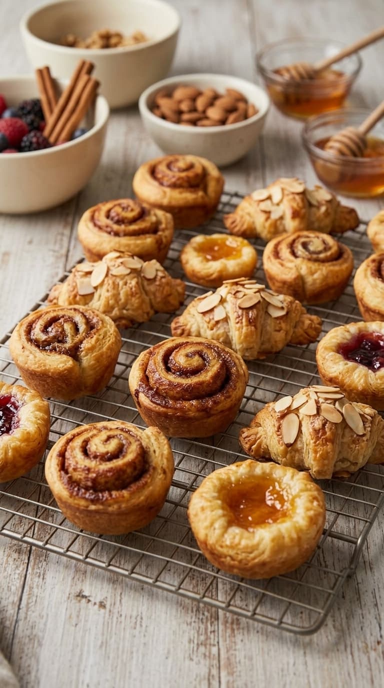 A variety of mini pastries including cinnamon rolls, almond croissants, and fruit tarts on a cooling rack with ingredients like honey, almonds, and berries in the background.