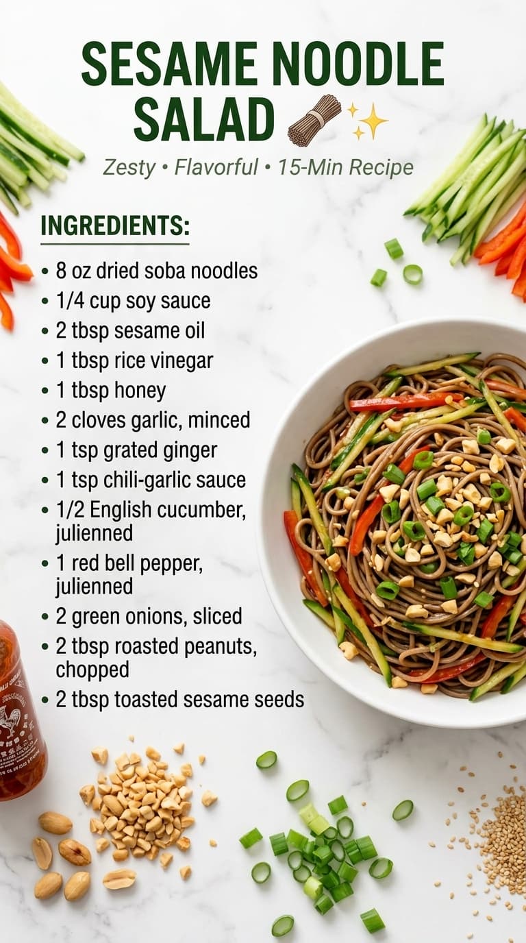 A white bowl filled with sesame noodle salad, garnished with green onions, peanuts, and sesame seeds, surrounded by fresh ingredients like cucumbers, peppers, and green onions on a marble surface.