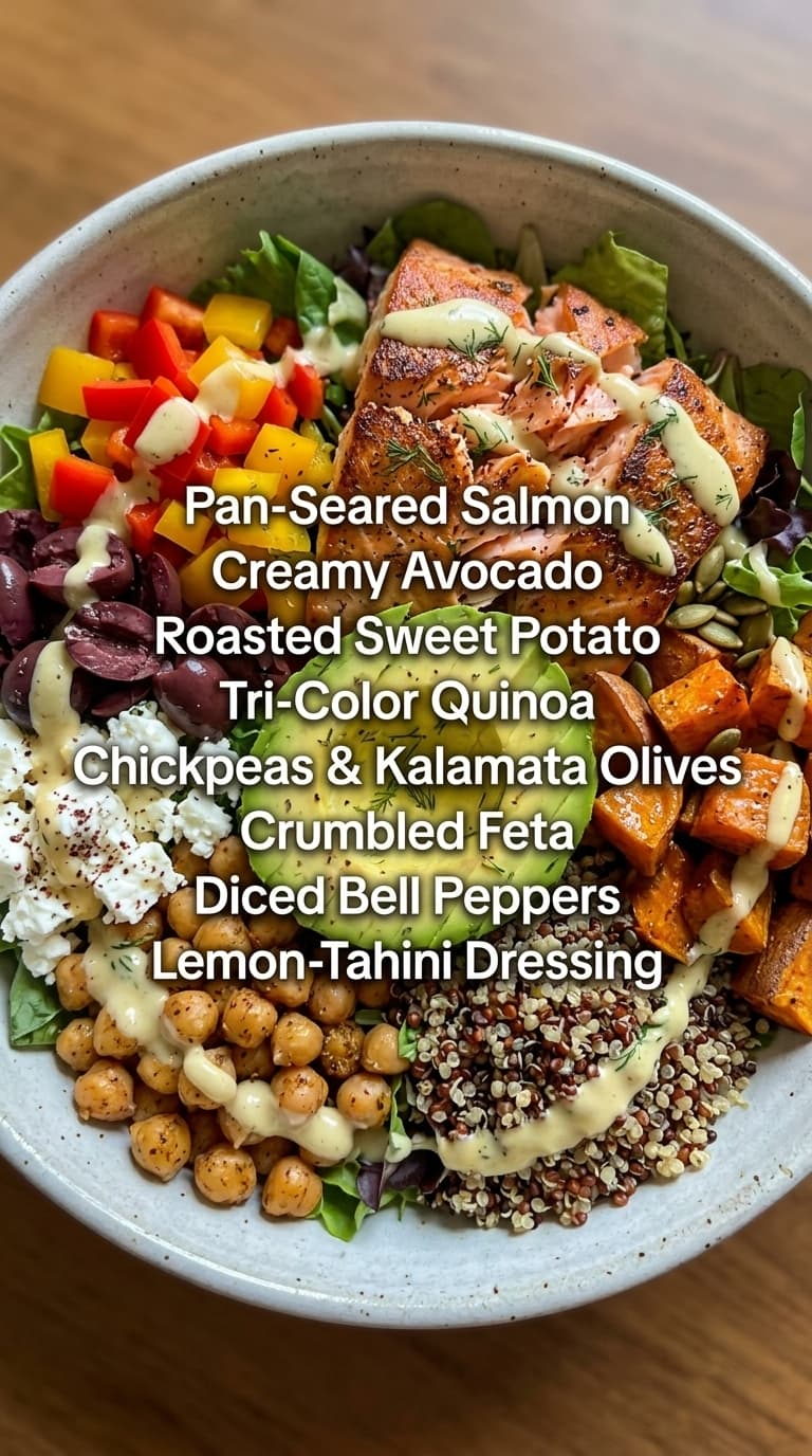 A vibrant bowl featuring grilled salmon, quinoa, and fresh vegetables