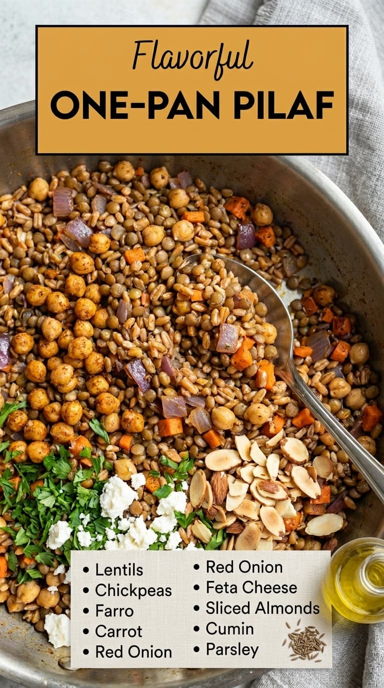 A close-up of a large metal bowl filled with a colorful one-pan pilaf featuring lentils, chickpeas, carrots, red onion, and farro, garnished with parsley, feta cheese, and sliced almonds.