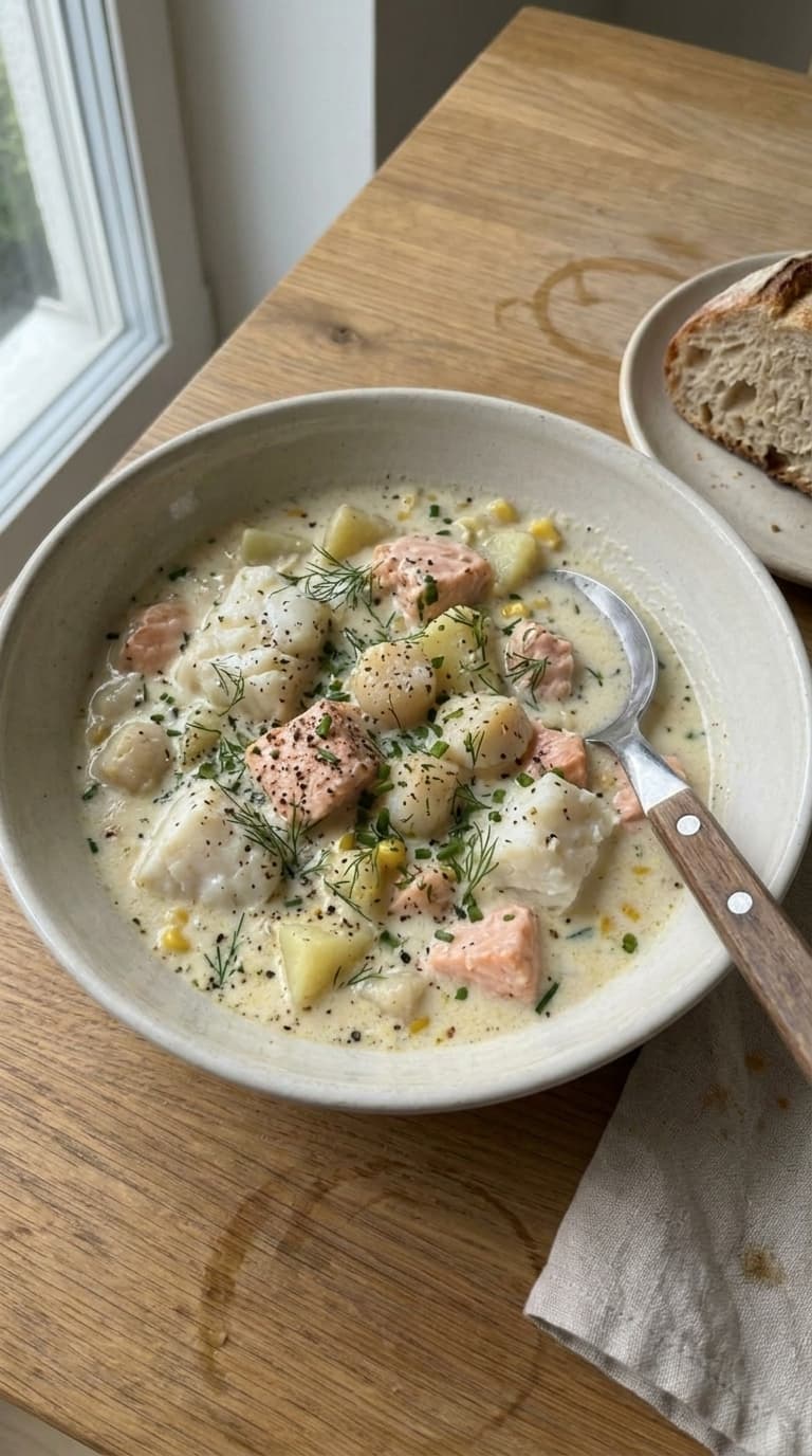 A bowl of creamy salmon chowder with scallops, potatoes, and salmon, garnished with dill and black pepper, served with a slice of bread.