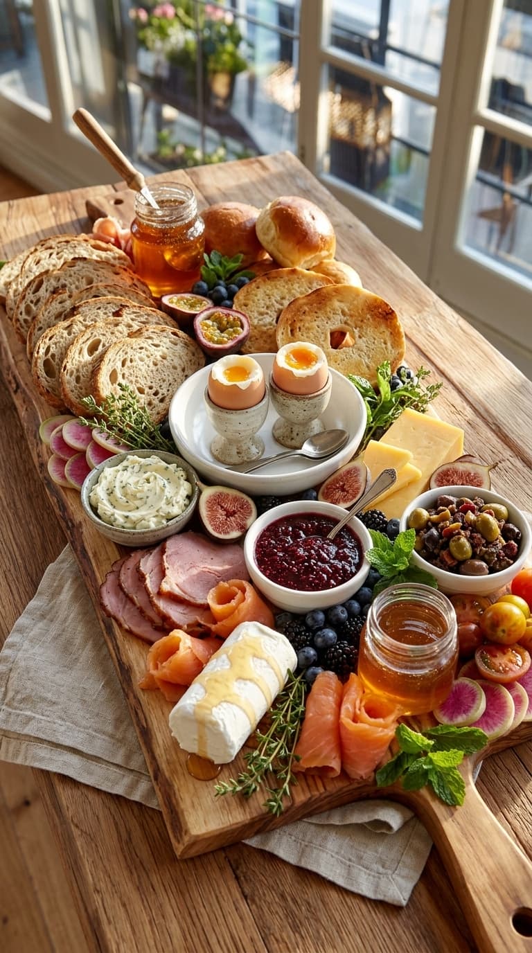 A rustic wooden charcuterie board laden with sliced bread, smoked salmon, soft-boiled eggs in egg cups, fresh figs, blueberries, radishes, cheese, olives, and honey.