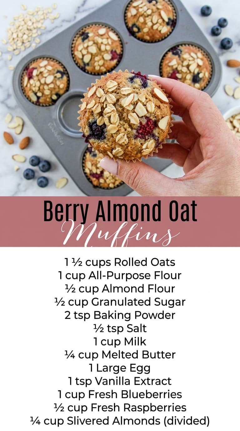A hand holds a golden-brown berry almond oat muffin topped with slivered almonds, with a muffin tin and fresh blueberries in the background.