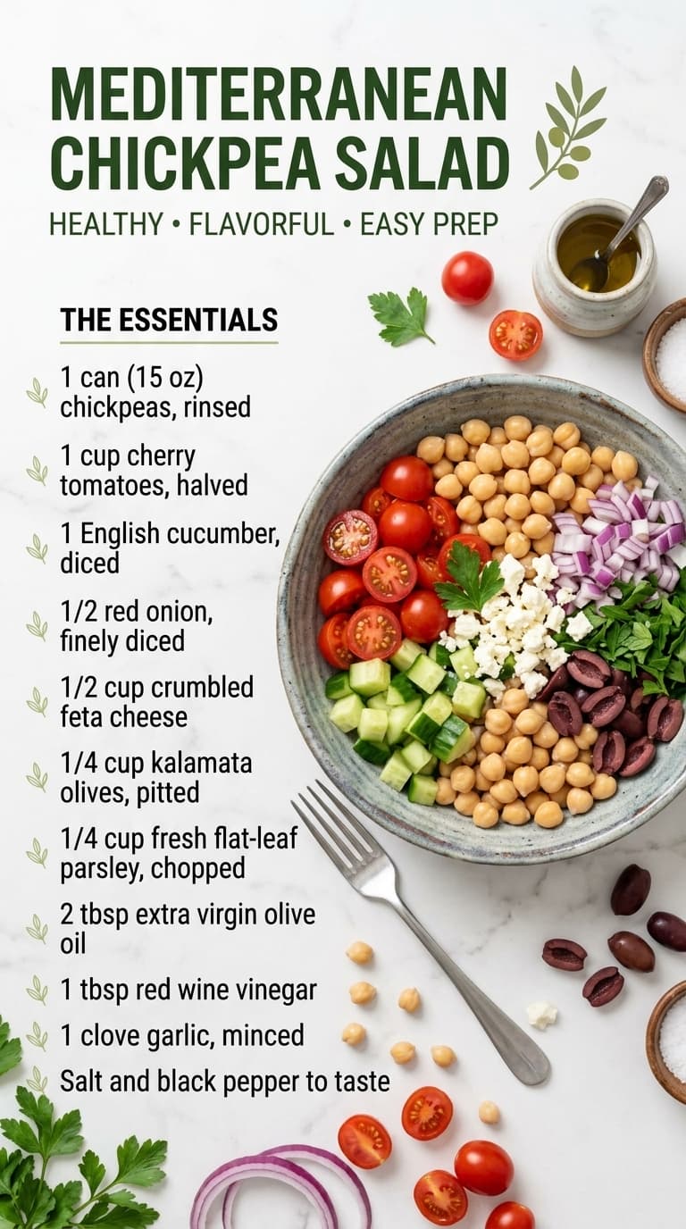 A colorful bowl of Mediterranean chickpea salad featuring chickpeas, cherry tomatoes, cucumber, red onion, olives, feta cheese, and parsley.