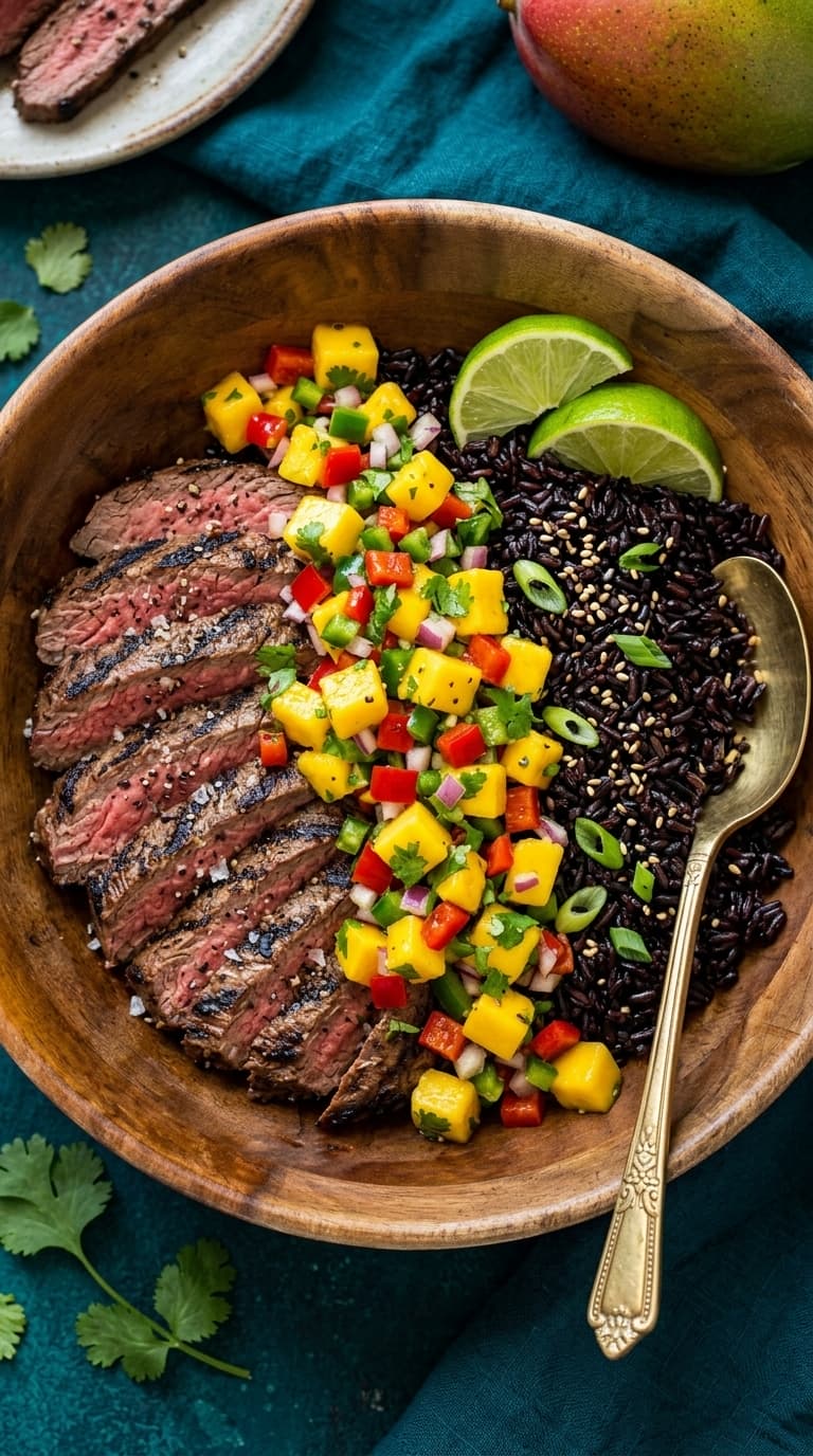 A wooden bowl filled with sliced grilled steak, black rice, mango salsa, and lime wedges.