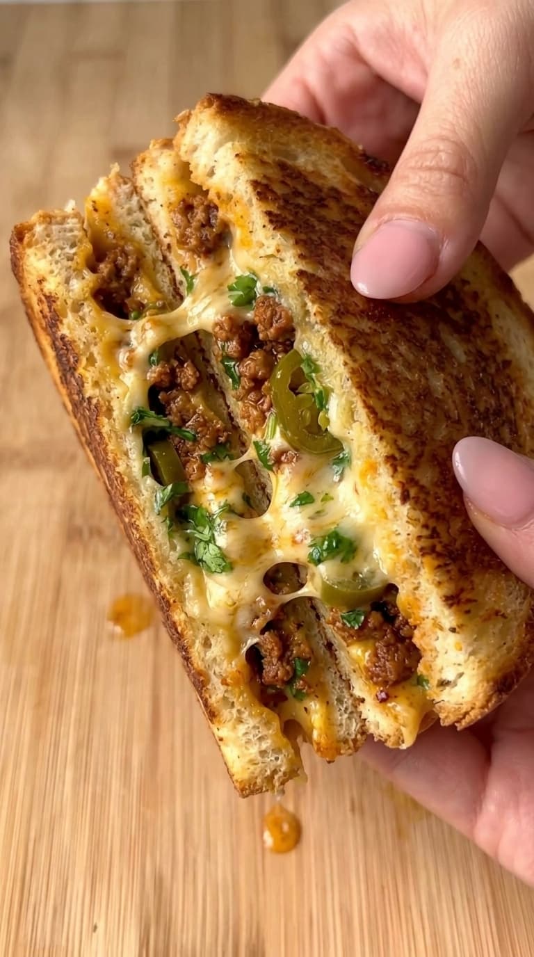 A close-up of a grilled sandwich cut in half, showing melted cheese, ground beef, jalapeños, and cilantro.