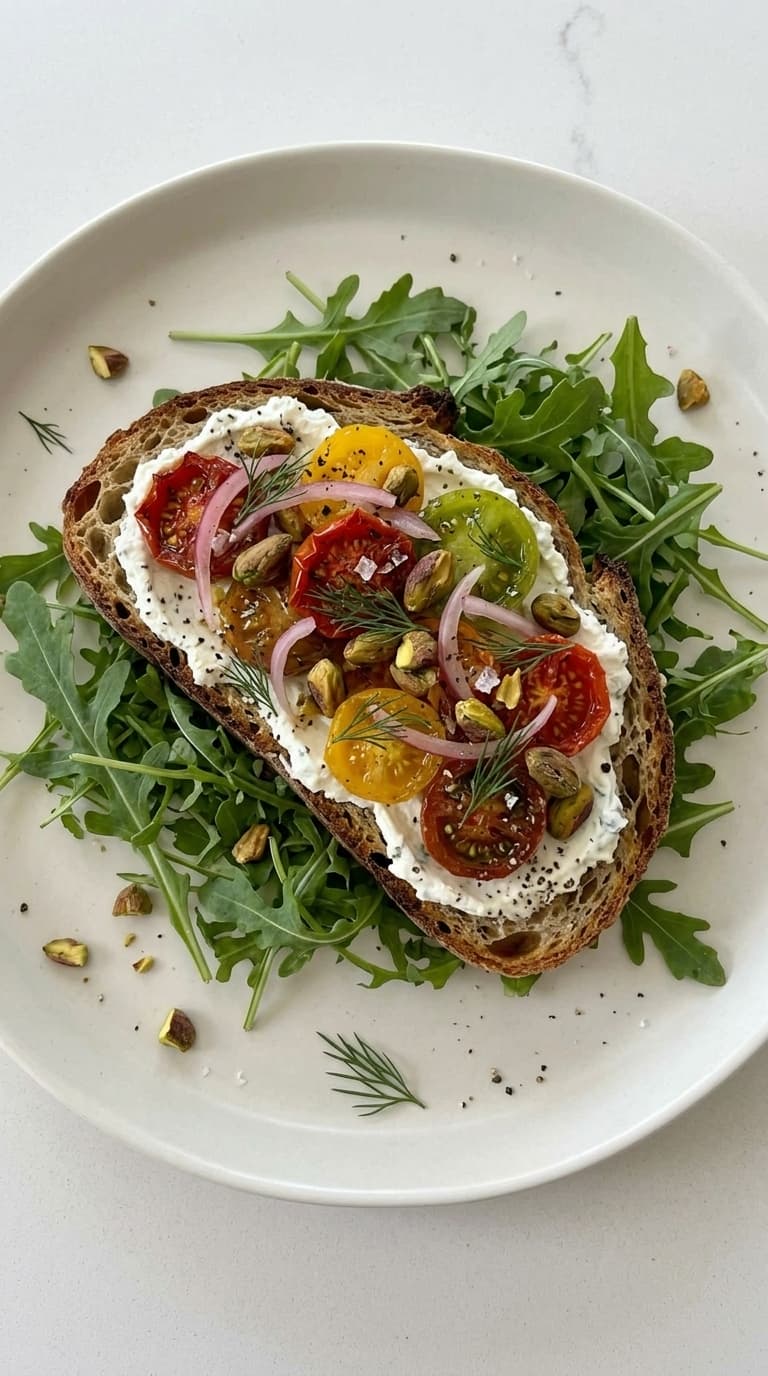 A slice of toasted sourdough bread topped with whipped ricotta, colorful heirloom tomatoes, red onion, pistachios, and fresh herbs, served on a bed of arugula on a white plate.