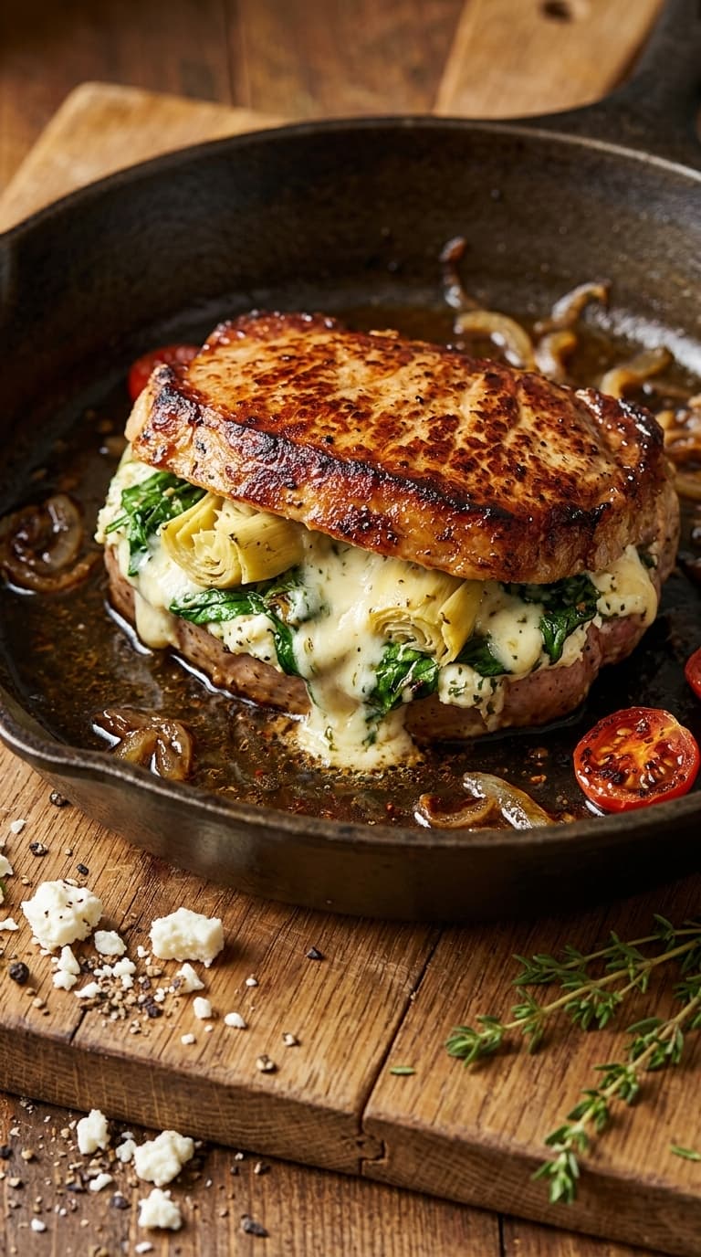 A grilled pork chop sandwich with melted cheese, artichokes, and spinach served in a cast iron skillet.