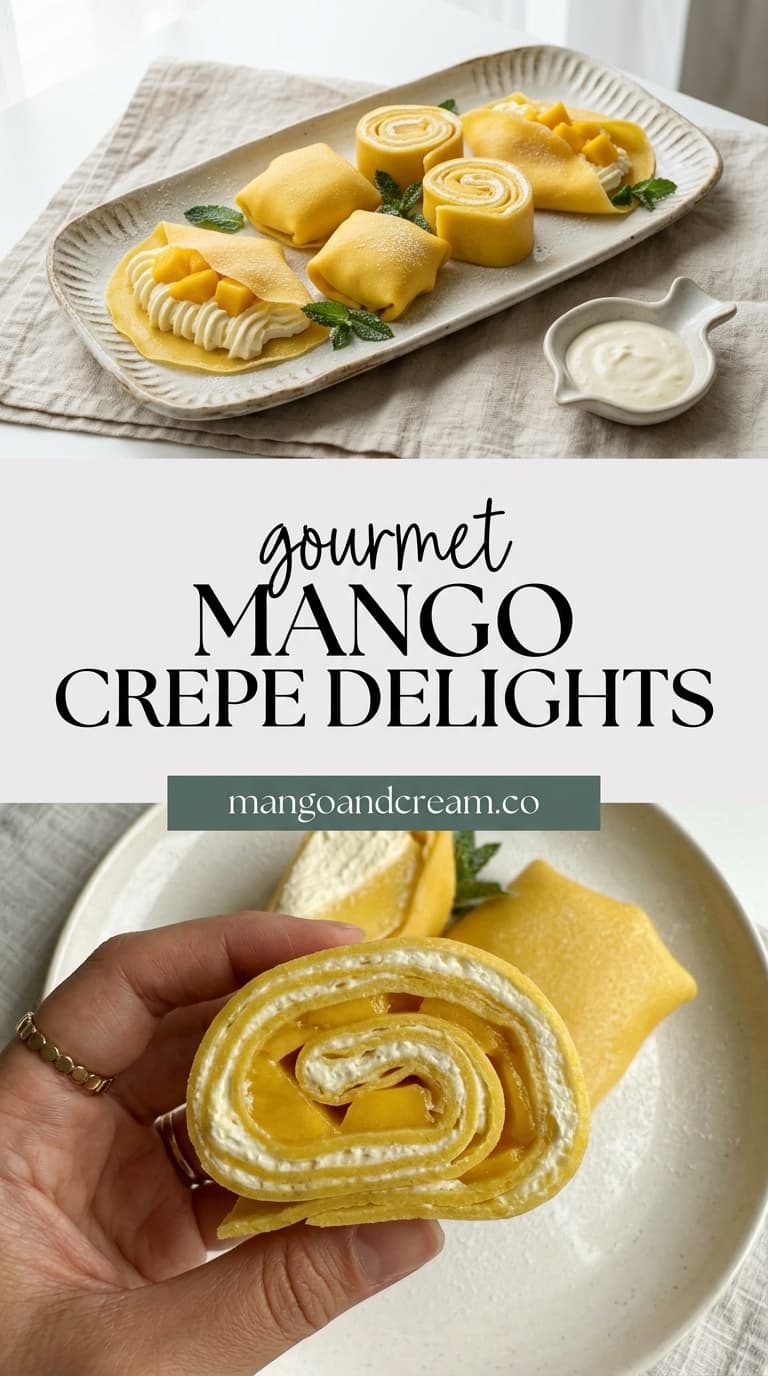 Close-up of a hand holding a spiral-cut mango crepe roll, revealing layers of yellow mango and white cream filling.