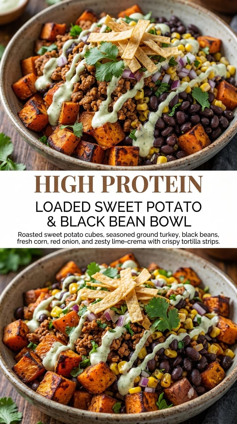 A close-up shot of a hearty bowl filled with roasted sweet potato cubes, seasoned ground turkey, black beans, fresh corn, red onion, and a drizzle of lime-crema, topped with crispy tortilla strips and fresh cilantro.